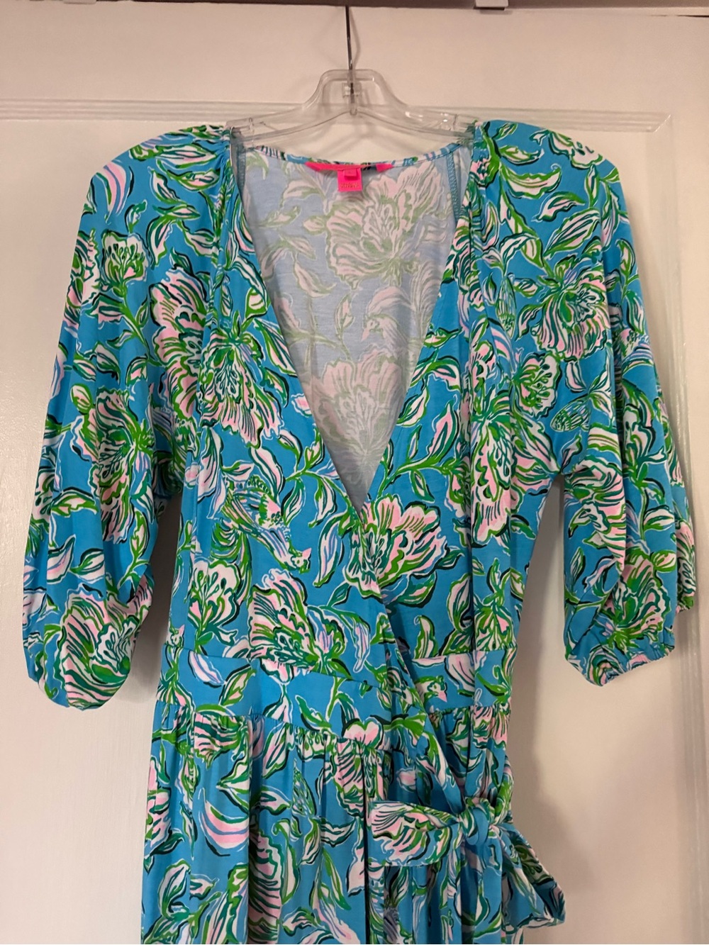 Lilly Pulitzer Blue Floral Wrap Dress with Green & Pink Bloom Print